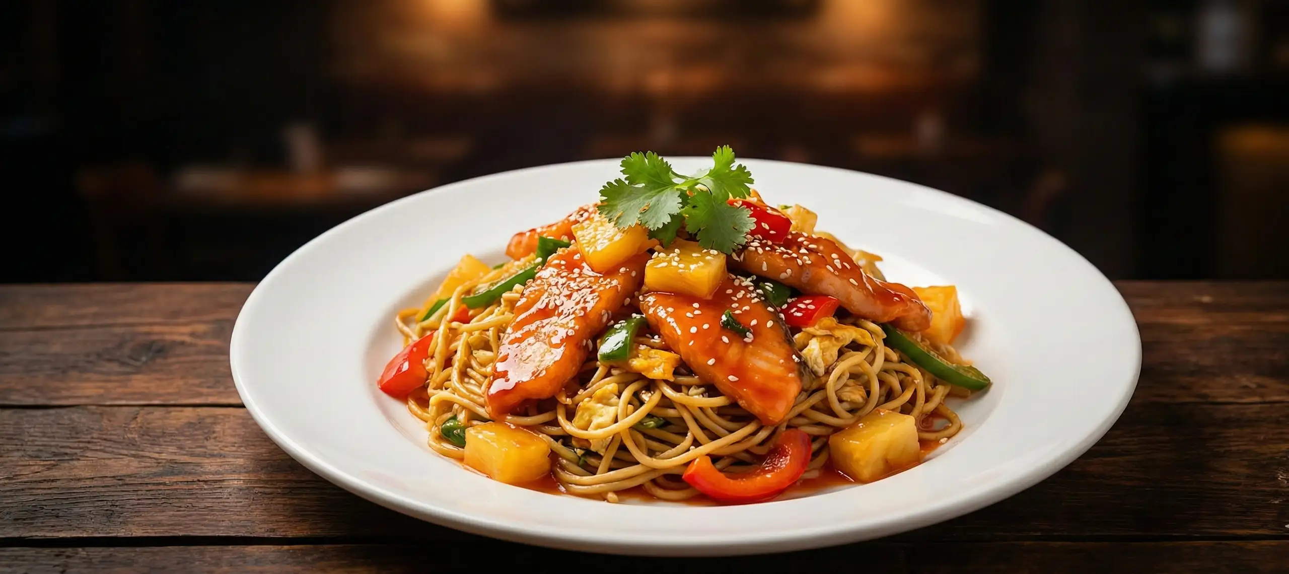 A la carte noodle dish with sweet and sour chicken
